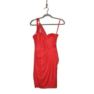 CACHE $148 Brooch Strap One Shoulder Mesh Cocktail‎ Dress Red Size 6